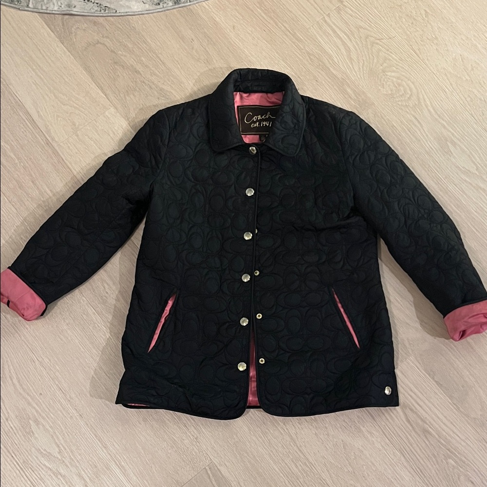 Coach Women’s Quilted Black Puffer with Pink Accents